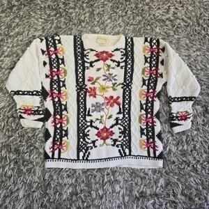 Vintage Hunters Run Sweater Womens Large White Black Hand Knit Floral Ramie